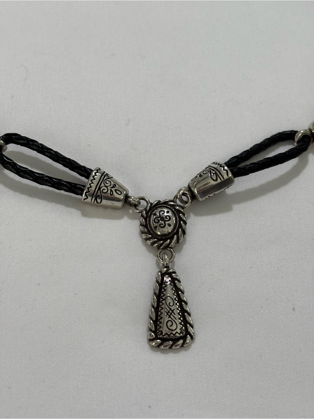 Vintage Brighton Black and Silver Braided Cord Pendant Necklace Lariat Style 19” - Picture 2 of 5